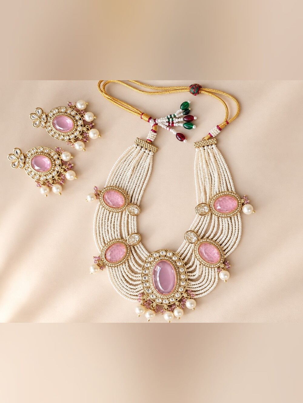 Pink Kundan Pearl Statement Necklace & Earring Set